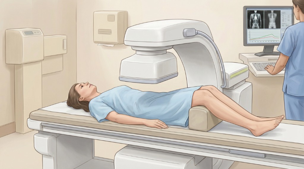 Paciente em mesa de DXA com técnico ao computador; exame de densitometria óssea.